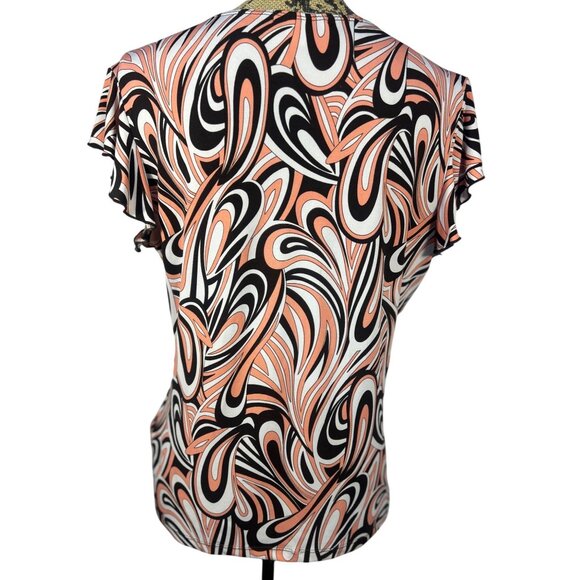 Y2K Babydoll Top Sz L Retro Psychedelic Print Brown and Coral V Neck Flutter Sle - Picture 2 of 8